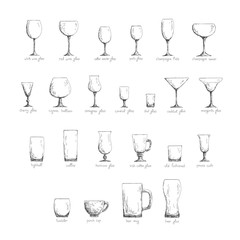 Different glass glasses in sketch style, black and white edition