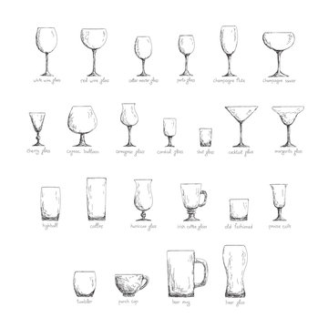 Different glass glasses in sketch style, black and white edition