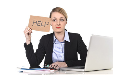 young stressed businesswoman holding help sign overworked