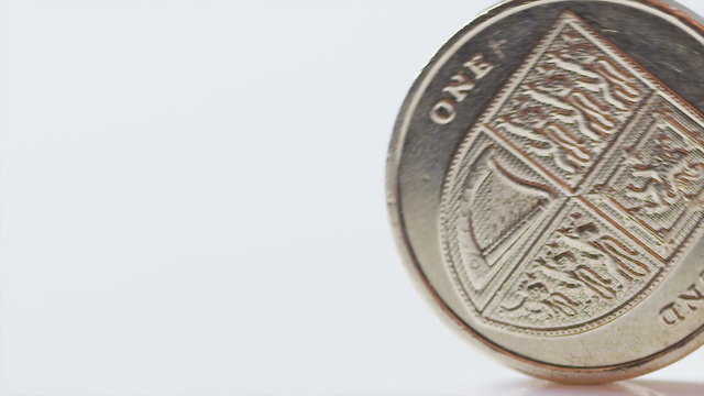 UK One pound coin rolling across the screen in slow motion