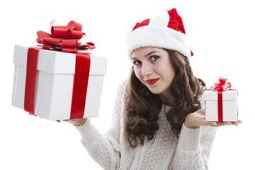 girl in a white blouse holding gift boxes