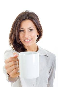 casual pretty woman offered white cup of coffee or tea to you or