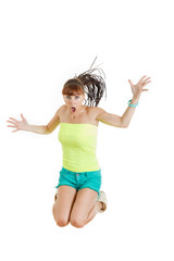 surprised beautiful cute young woman or girl in blank green t-sh