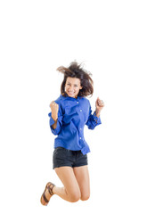 teenage girl or woman happy for her success in blue blank shirt