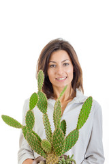 woman with cactus in flowerpot isolated on white background look