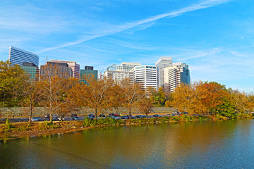 Rosslyn scenic skyline and Potomac river in autumn Washington DC