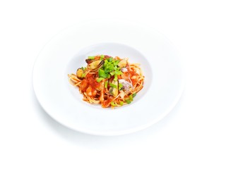 Pasta with shrimps, herbs and mashrooms