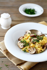 Polenta in plate on a linen napkin
