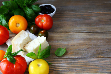 ingredients of pasta on wooden background