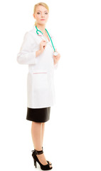 Woman doctor in lab coat with stethoscope. Medical
