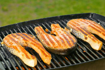Portion of fresh salmon fillet on a grill