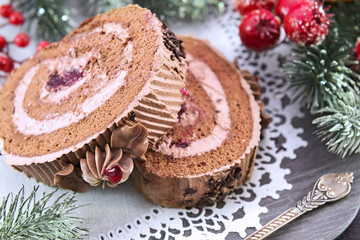 Chocolate cake with berry jam, Christmas still life