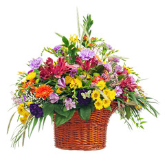 Flower Bouquet Arrangement Centerpiece in Basket Isolated on Whi