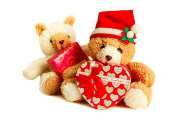 Teddy bear wearing a santa hat.