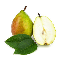 Pear and Half with Green Leaves Isolated on White Background.
