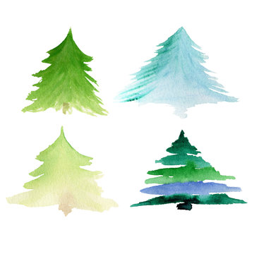 Christmas tree set in watercolor style isolated on white backgro