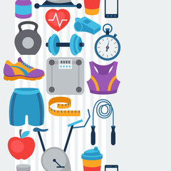 Sports seamless pattern with fitness icons in flat style.
