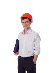 man in shirt orange construction helmet with black folder