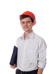 man in shirt orange construction helmet with black folder