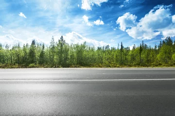 Fotobehang asphalt road and forest © Iakov Kalinin