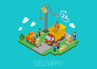 Flat 3d isometric delivery van cargo loading web concept