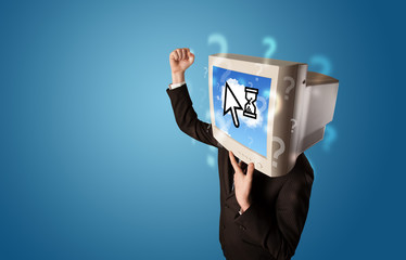 Person with a monitor head and cloud based technology on the scr