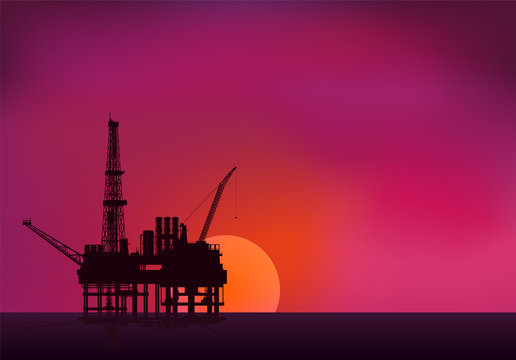 Illustration of oil platform on sea and sunset in background. Ve