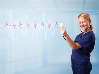 Pretty medical doktor listening to red pulse and heart rates