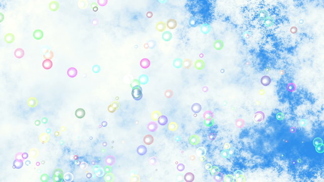 motion of many lifting transparent air bubbles on blue sky