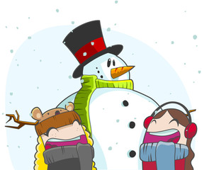 Niños y muñeco de nieve