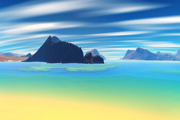 3D rendered fantasy alien planet. Beach and sea