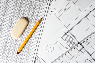 Drawing house plan, ruler and pencil on the table