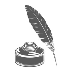 Feather pen and ink isolated on white background.