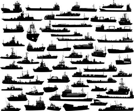Vector set of 56 silhouettes of sea towboat and the ships