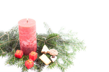 Hintergrund für weihnachten, Kerze, Zweige und Plätzchen