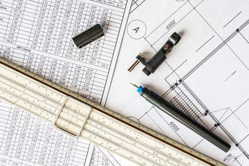 Workplace of engineer, tools for sketching and plan of the commu