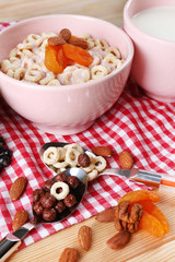 Healthy breakfast with cereal and milk, close up