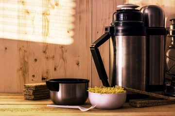 Thermos and instant noodles, food theme