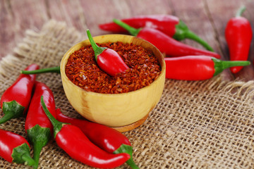 Milled red chili pepper in bowl on wooden background