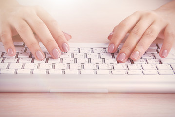 Female hands typing on keyboard on light background