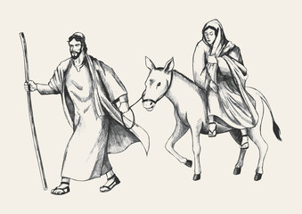 Fototapeta na wymiar Sketch illustration of Mary and Joseph, journey to Bethlehem