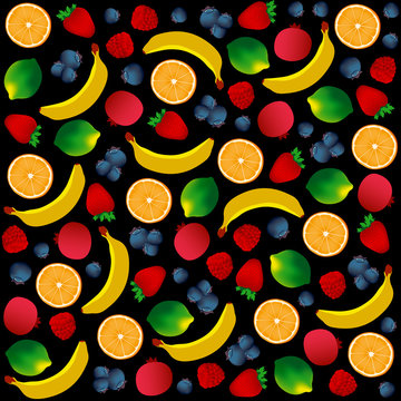Vector pattern of fruits on black background