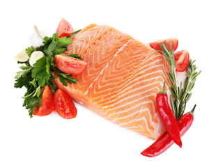 Fresh salmon with spices isolated on white