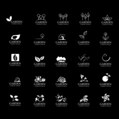 Garden logo set, vector illustration. Collection of garden logo isolated on black background