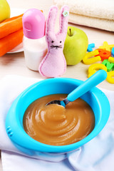 Fresh baby food in bowl with spoon