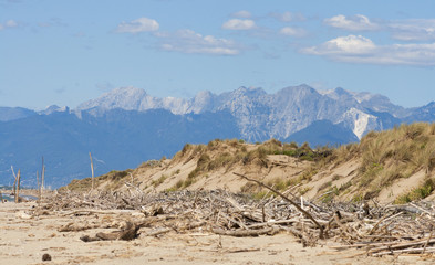 Tuscany deserted sand beach and mountains landscape