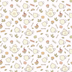 Tea and sweets seamless doodle pattern.