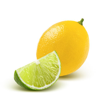 Whole Lemon And Quarter Lime Piece Isolated On White