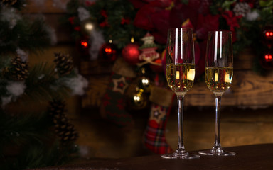 Golden Wine on Elegant Flute Glasses on the Table