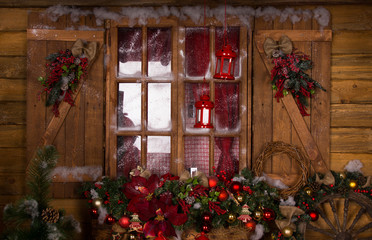 Glass Window with Christmas Ornaments